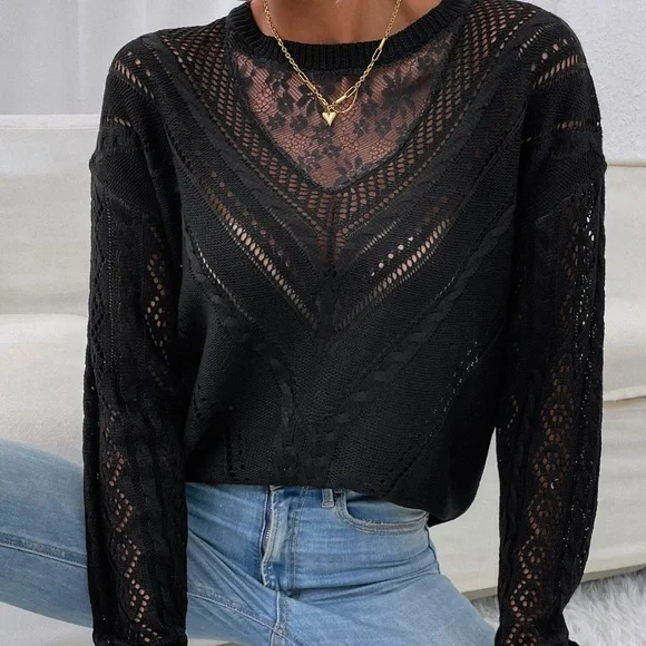 Cozy Floral Lace Mesh Knit Oversized Sweater Top - Picture 3 of 14